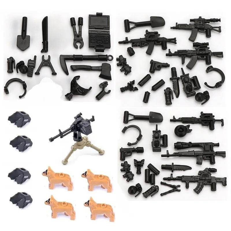 MOC-Ensemble d'armes à feu militaires, fusil, odor, chien, soldat, accessoires d'équipe Swat, mini figurines d'action, briques de construction de pièces, jouets, loisirs
