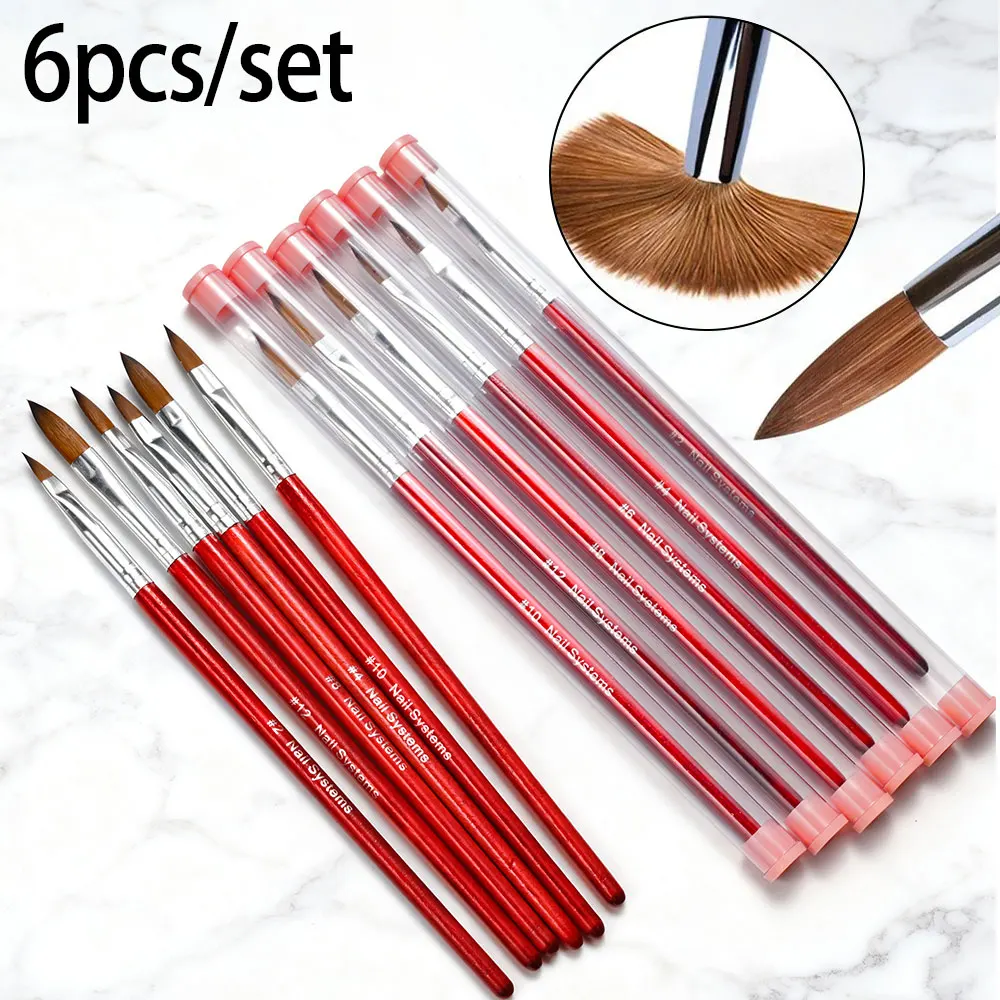 1/6 قطعة 100% فرشاة أظافر أكريليك للشعر النقي من كولينسكي # 2/4/6/8/10/12 مقبض خشبي بيضاوي مجعد فرش أظافر أدوات مانيكير أكريليك