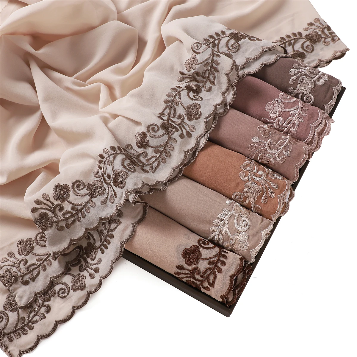 Women Plain Chiffon Scarf Clover Embroidery Long Shawl Premium Quality Heavy Chiffon Muslim Female Foulard Lace Turban Headband