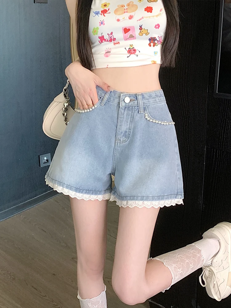 Sweet Denim Shorts Women Summer New Fashion All-Match High Waist Slim-Fit Wide A-Line Shorts Larger Size Student Short Pants