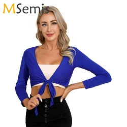 Womens Belly Dance Wrap Shawl Tops Self-Tie Long Sleeve Top Shrug Gymnastics Cover Up Cropped Cardigan for Belly Dance Class