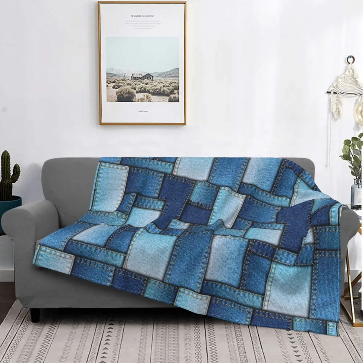 

Denim Patchwork Blankets Flannel Summer Multi-function Warm Throw Blanket for Bed Office Bedspread