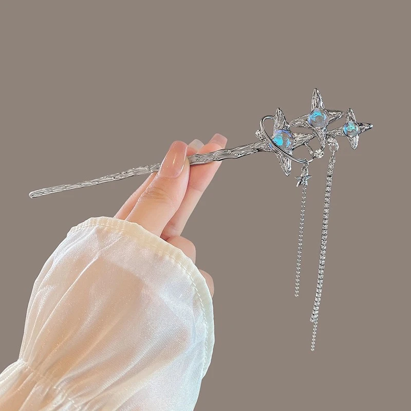 Vintage Moonstone Hair Sticks for Women Retro Chinese Tasssel Hairpin Disk Hairsticks Hair Chopsticks Hair Accessories