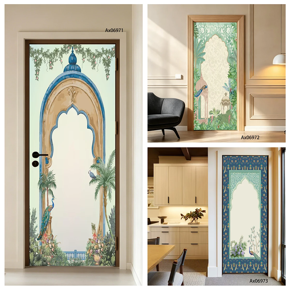 Watercolor Oriental Peacock Garden Arch Door Sticker Full Covered Wallpaper Self-adhesive Sticker for Wall Decals Home Decor