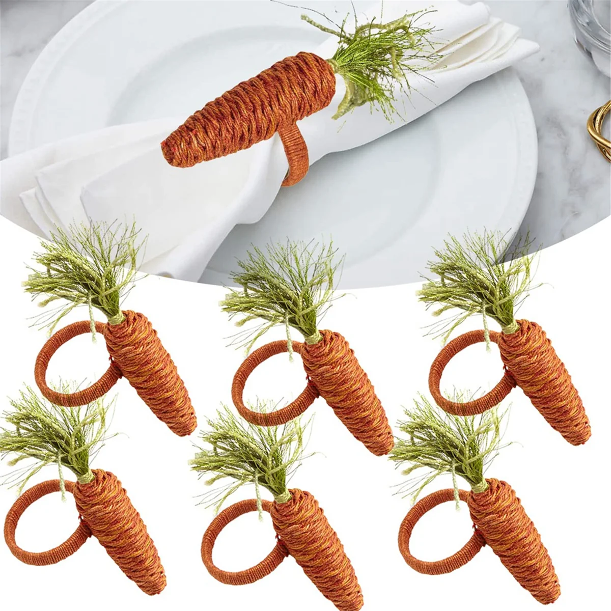 N87R 6PCS Easter Carrot Napkin Ring Cotton and Linen Rustic Hand Woven Napkin Buckles Easter Napkin Ring Holder