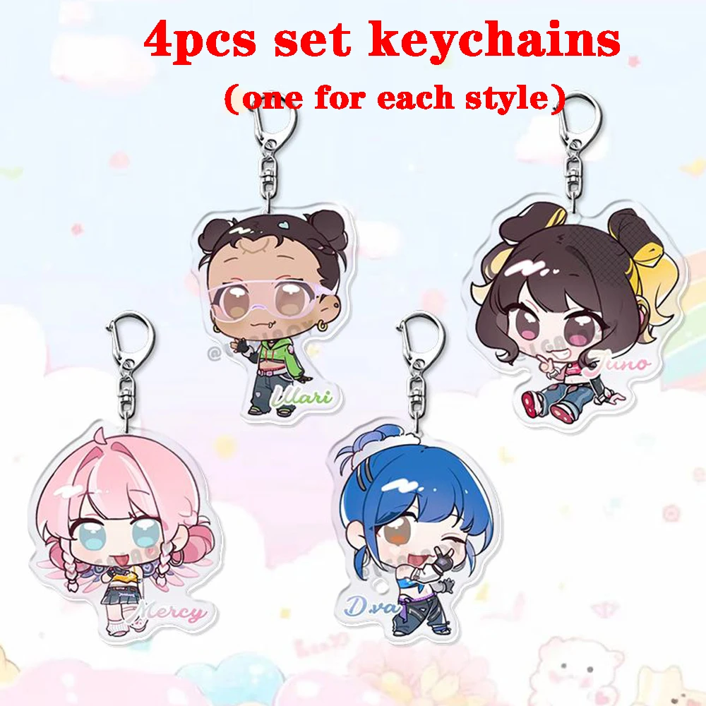 4pcs Set Cosplay Anime Game Overwatch 2 Hero Character Juno Mercy D.Va and Illari Keychain Ring Key Chain Bag Decor Pendant Toys