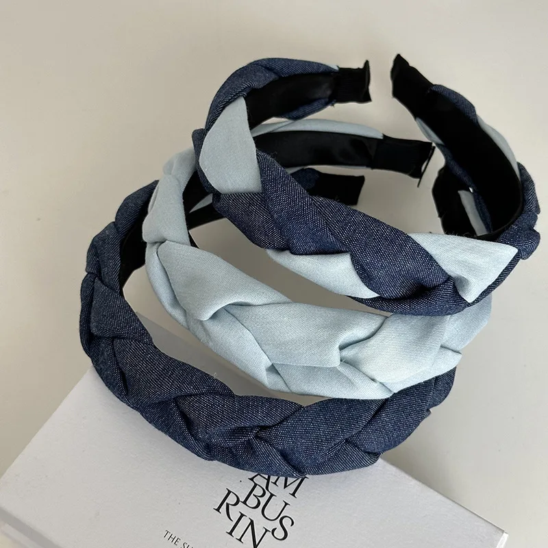 Neue Kopf bedeckung Denim Twisted Stirnband breites Kreuz geflochtene Haar bänder Stoff Haars eil süße Vintage Frauen Haarschmuck