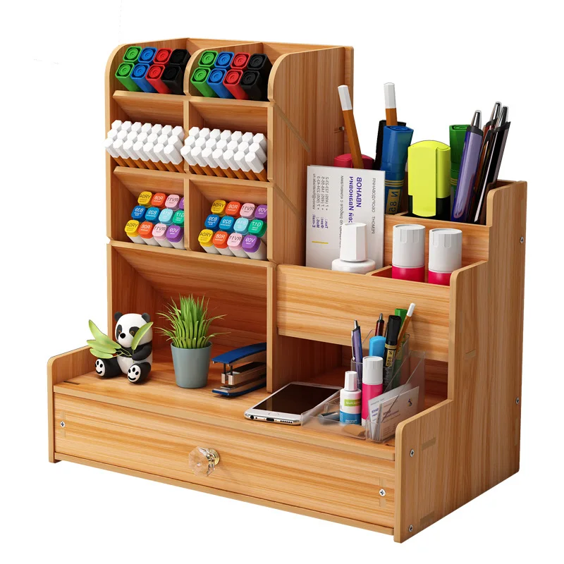 

Wooden Desktop Stationery Organizer Storage Cabinet Office Pen Holder Wood Pen Container PenHolder With Drawer