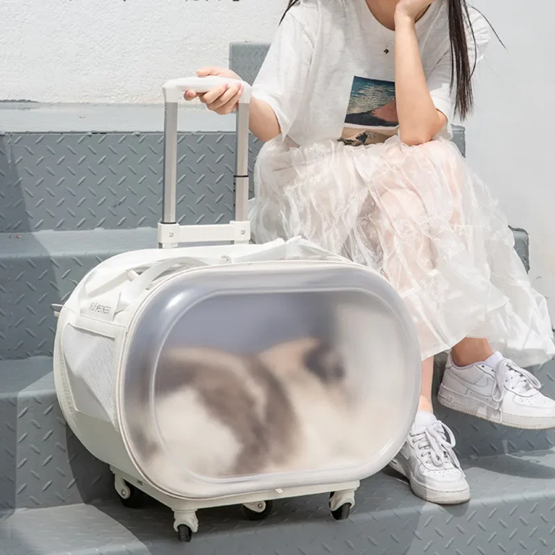 

High Aesthetic Pet Trolley Box Portable Travel Cat Basket Ventilated And Breathable Transport Bag Silent Pulley Space Capsule