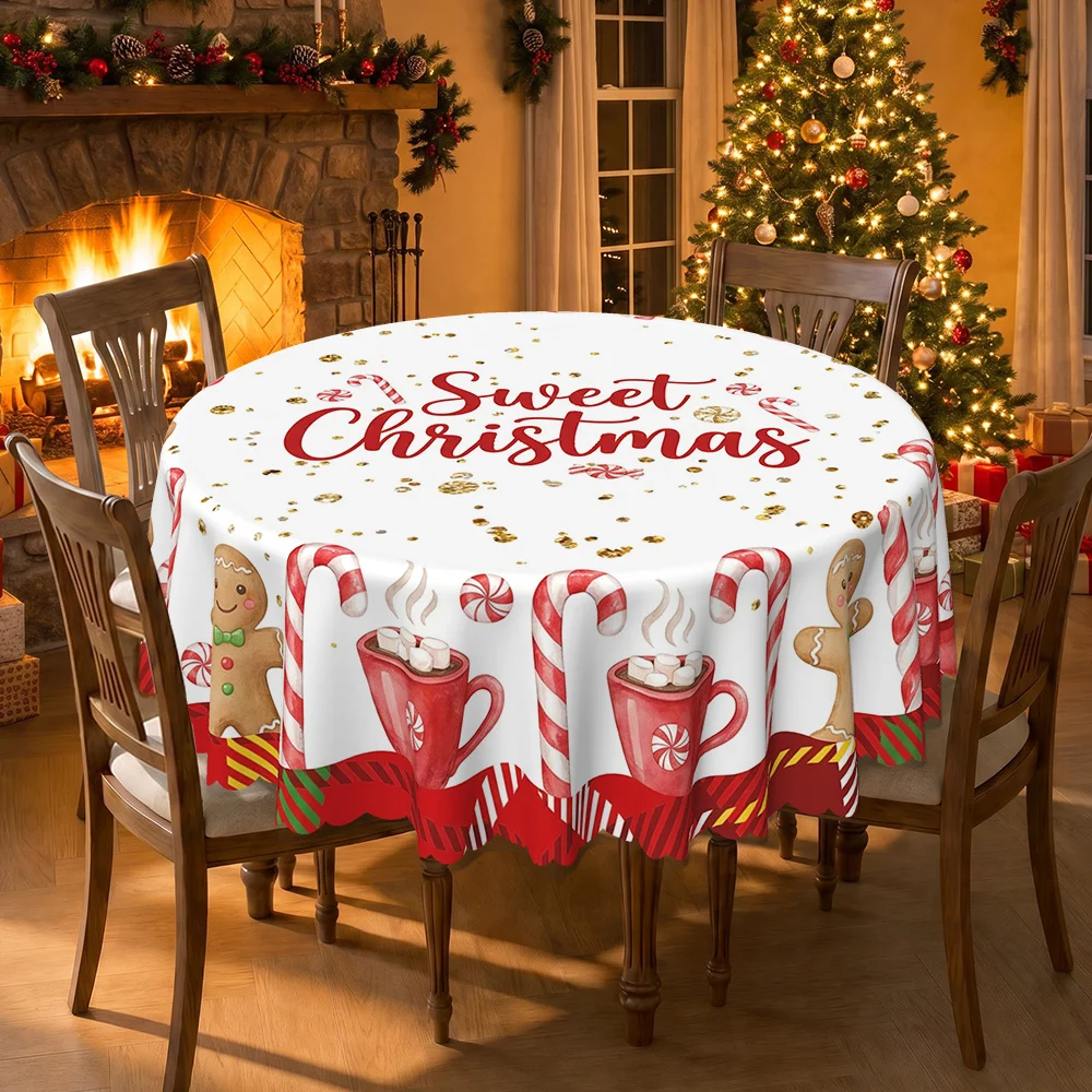 Round gingerbread man and candy cane tablecloth for indoor and outdoor occasions, Christmas-themed party decorations