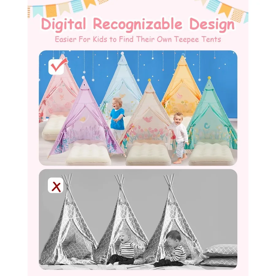 Paquet de 6 tente tipi pour avec matelas gonflable léger tente pour tout-petits tentes de chambre tentes de pyjama de fête tentes de couchage intérieur extérieur Playte