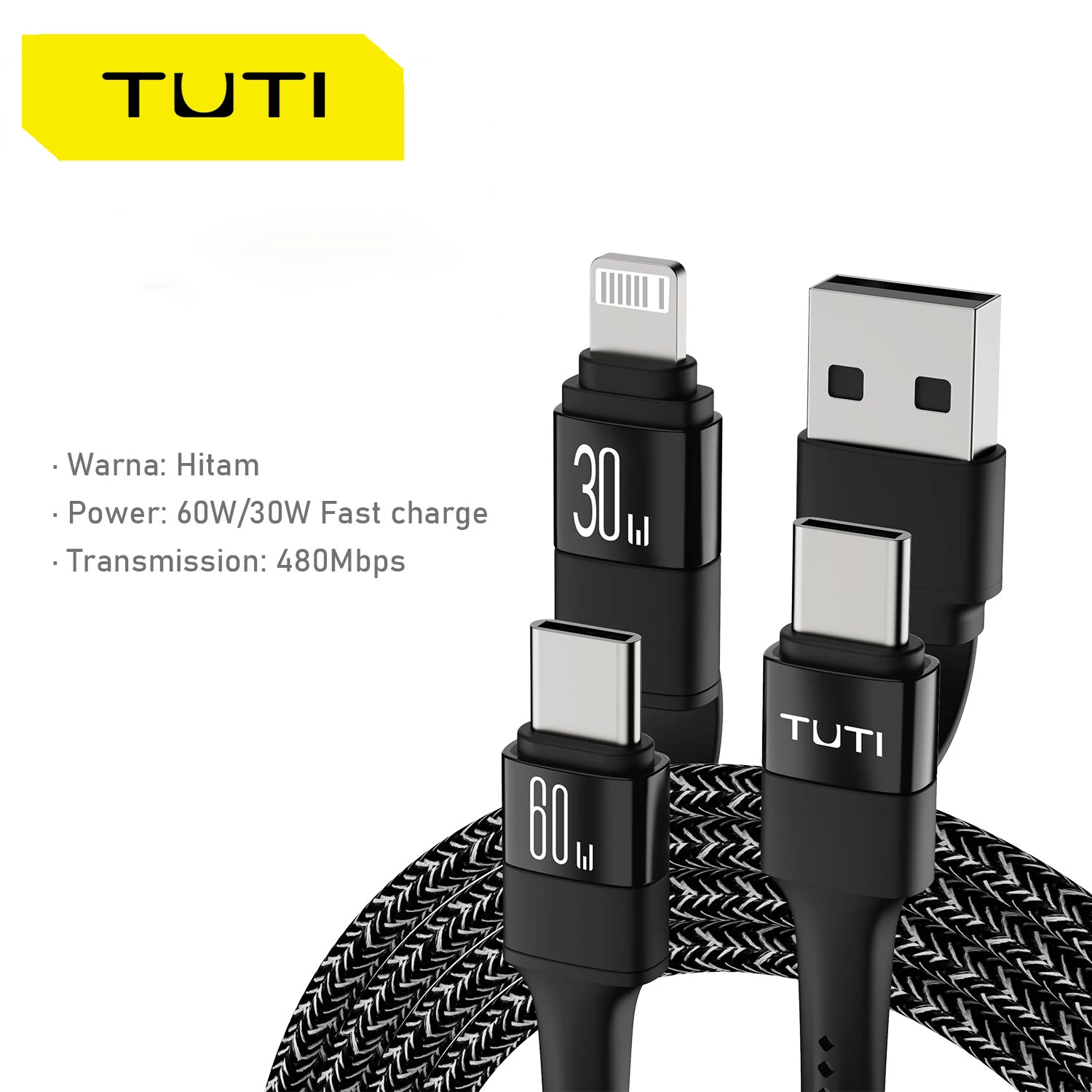 TUTI 60W 4-in-1USB C charging cable fast charging iPhone charger cable Lightning/Type C/USB A suitable for iPhone15 Pro Max14 13