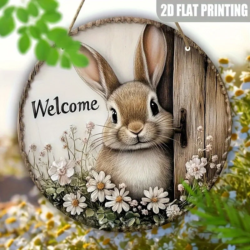 2D Flat, 2D Flat Wooden Easter Bunny Wall Decoration - High-definition 2D printing with pre-drilled holes and hanging rope, suit