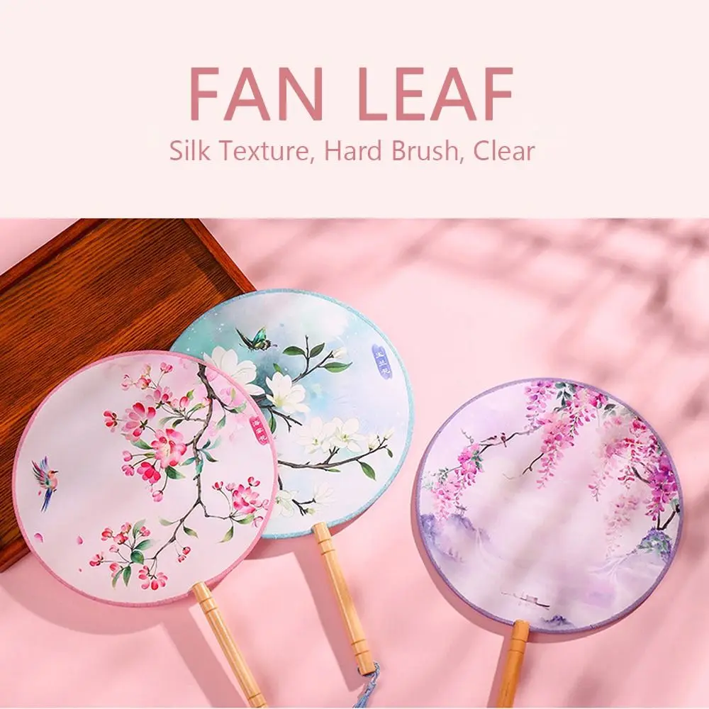 Half Transparent Ancient Style Fan Long Handle Ink Painting Round Hand Fan Silk Embroidered Small Round Silk Fan