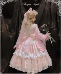 Princess classic lolita dress new palace style heavy lace bow long sleeve Pink Vintage one piece princess dress FISH001