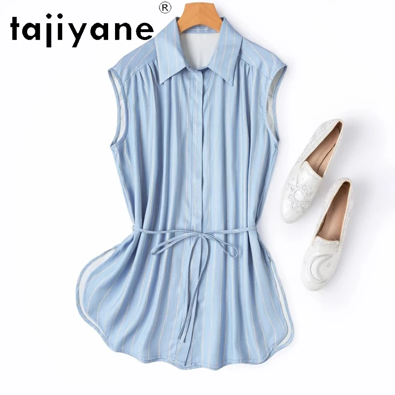 

TAJIYANE 100% mulberry silk Shirt for Women Sleeveless Mid Length Blue Blouse with Belt Spun Silk Spring Tops Woman Clothes 2026