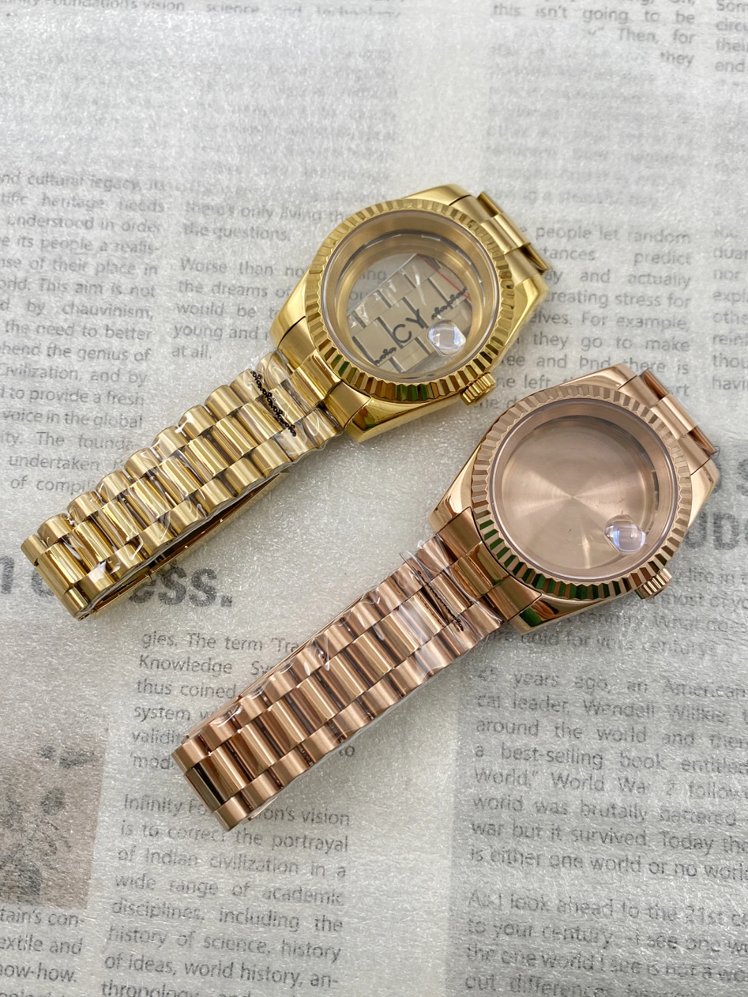 

Dog Teeth Log Case 36/39mm Rose Case Presidential Strap Set Sapphire Glass Fits NH35 Movement