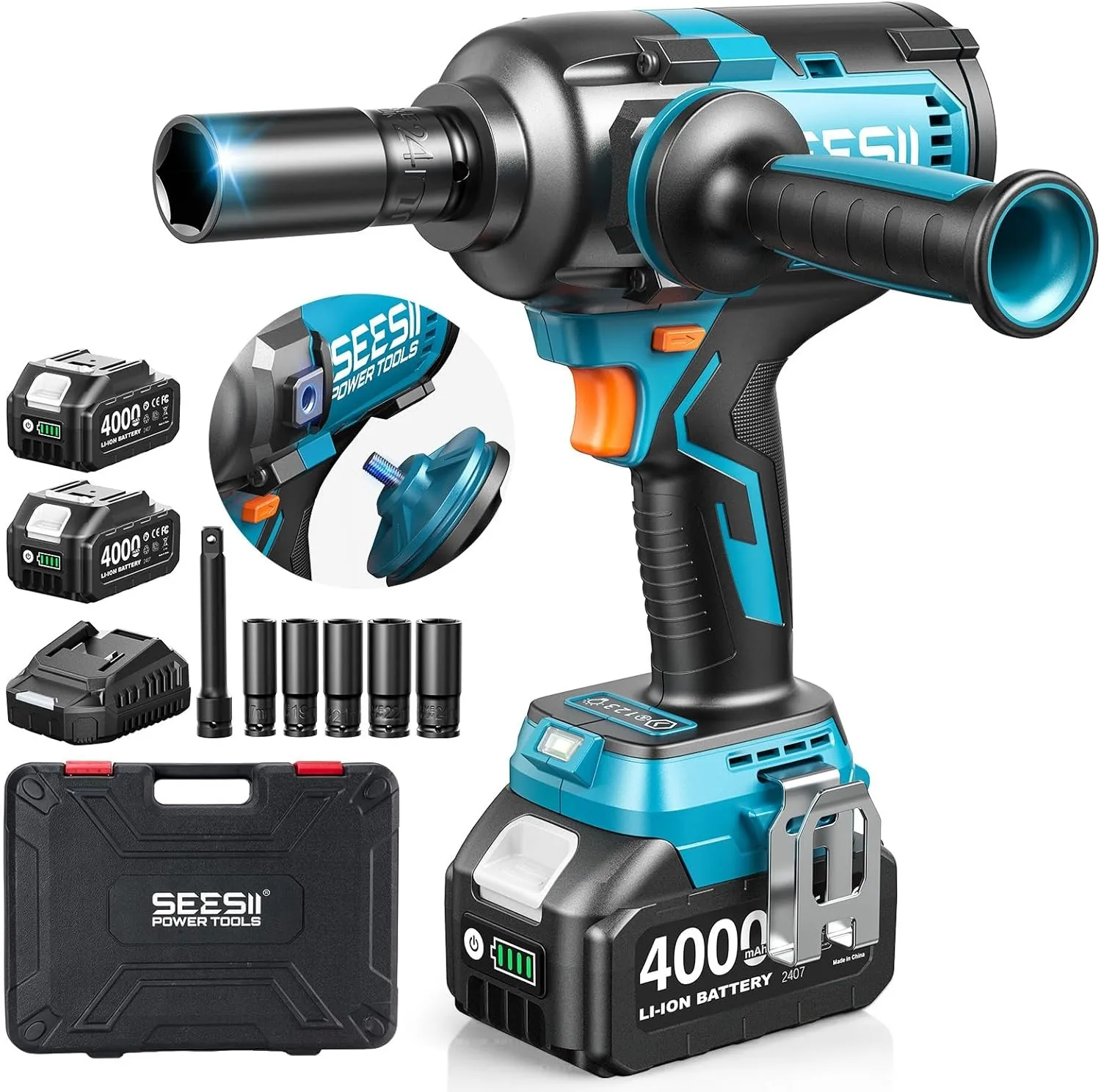 

Ударный гайковерт SEESII 1600 Нм, 1/2 дюйма, с высоким крутящим моментом, со съемной боковой рукояткой, 21 В, беспроводной, 2 аккумулятора по 4 Ач