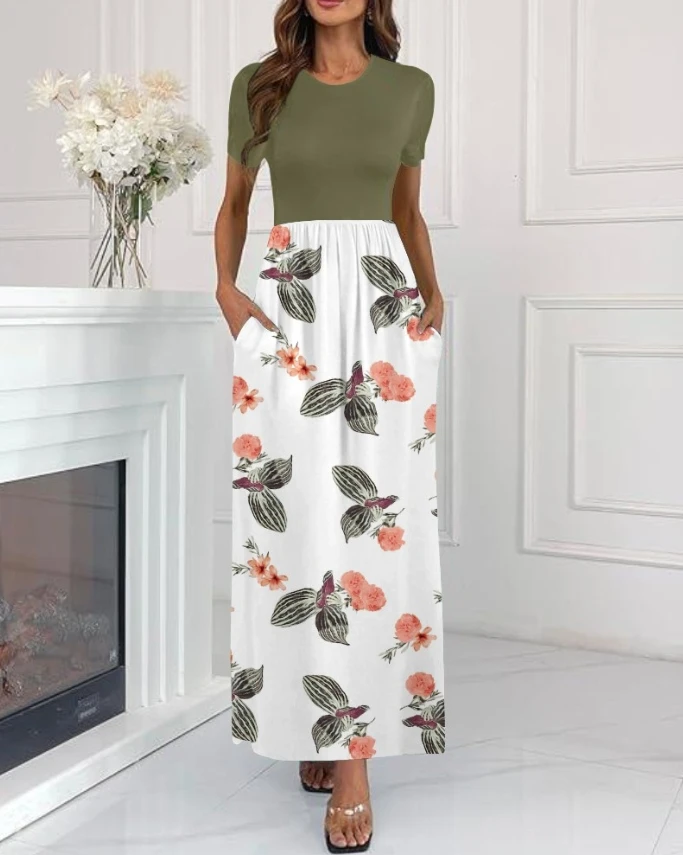 ผู้หญิงพิมพ์ลายดอกไม้แขนสั้นชุดเสื้อผ้าหญิงฤดูร้อนใหม่ผู้หญิงรอบคอลําลองเอว A Line Maxi ชุดกระเป๋า