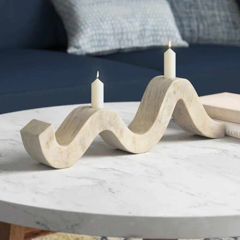 Travertine Wave Double Taper Candle Holder Natural Marble Candlestick Vintage Home Decoration