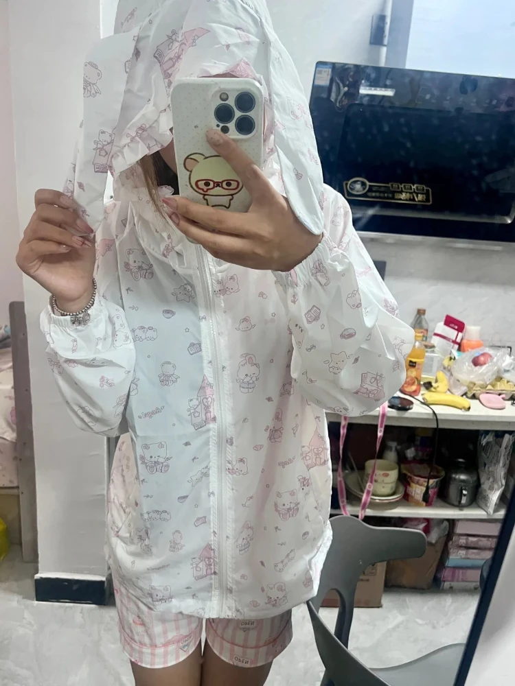 2026 Kawaii Harajuku Rabbit Ear Hood Jacket Women Ruffle Trim Cartoon Print Sun Protection Long Sleeve Loose Fit Casual Outfit