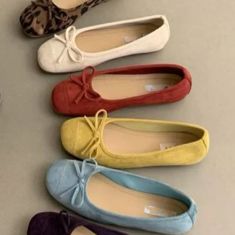 Women's French Style Soft Sole Silver Loafers Flat Shoes Retro Bow Red Flat Ballet Slow Mouth Bean Bean Shoes