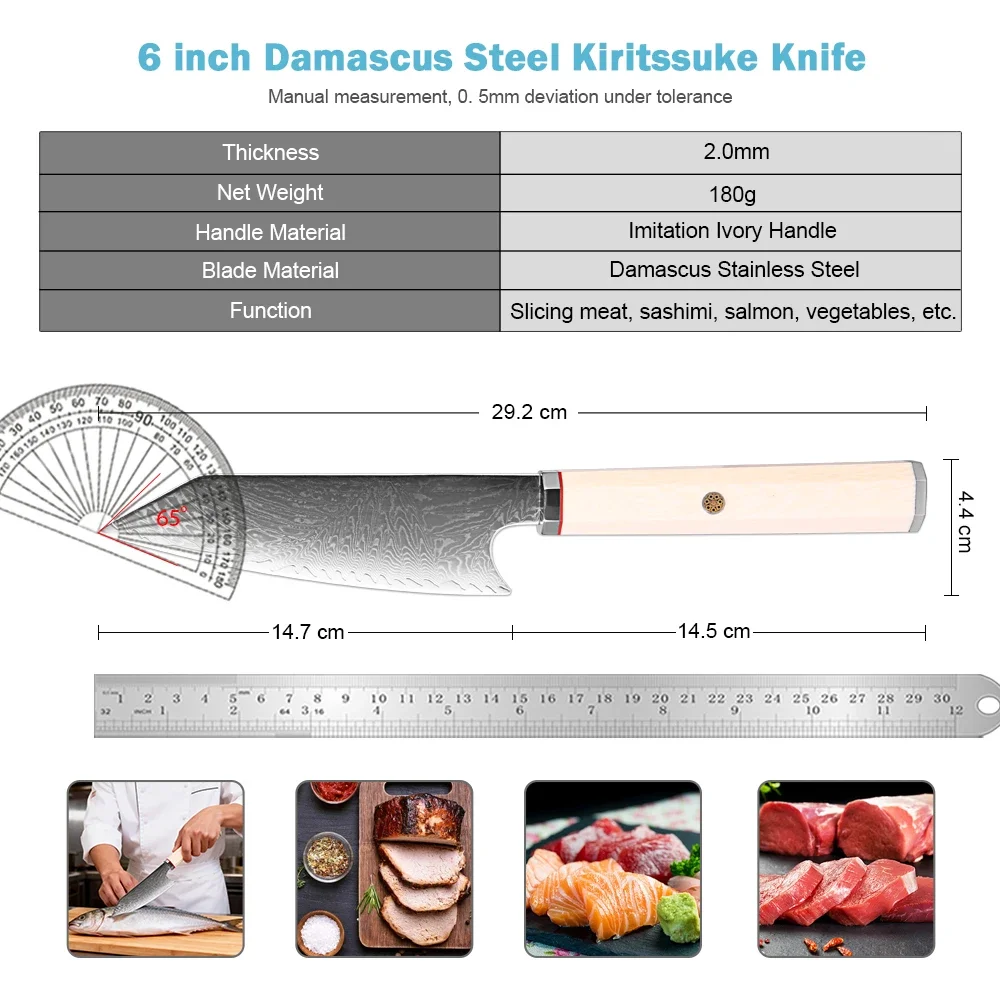 XITUO Professional 6 Inch Kiritsuke Knife,Damascus Steel Sharp Kitchen Chef Knife Sashimi Knife,Imitation Ivory Octagonal Handle
