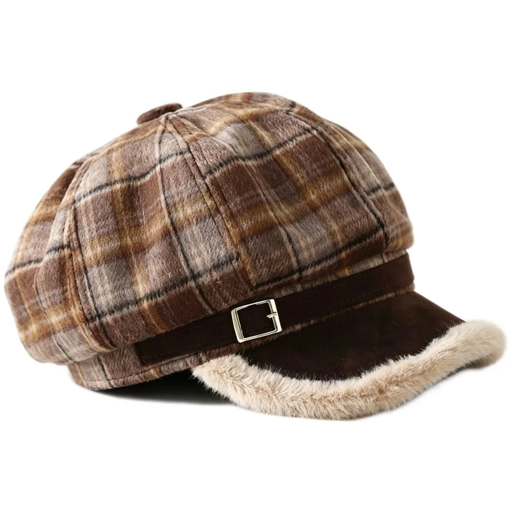 Fashion Faux Fur Lined Newsboy Cap Plaid Pattern Warm Lining Octagonal Hat Adjustable Beret Hat Women