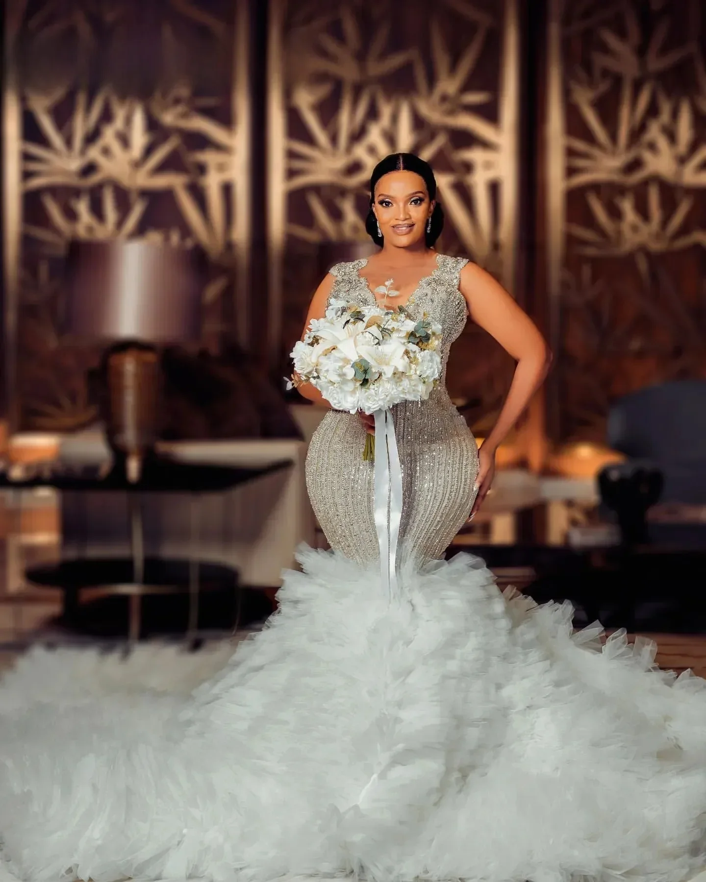 Customized Arabic Aso Ebi Plus Size Ivory Luxurious Mermaid Wedding Dress Beaded Crystals Tiers Tulle Bridal Gowns Dress