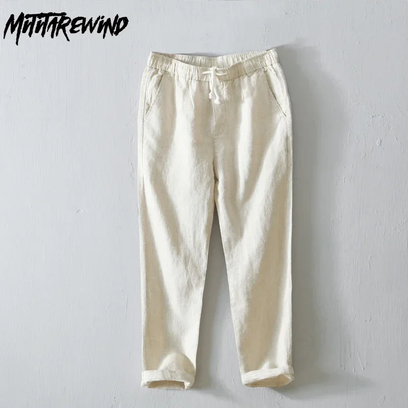 

Summer 100% Linen Pants Men Beach Breathable Nine Point Pants Casual Straight Drawstring Elastic Waist Pants Baggy Pants Man