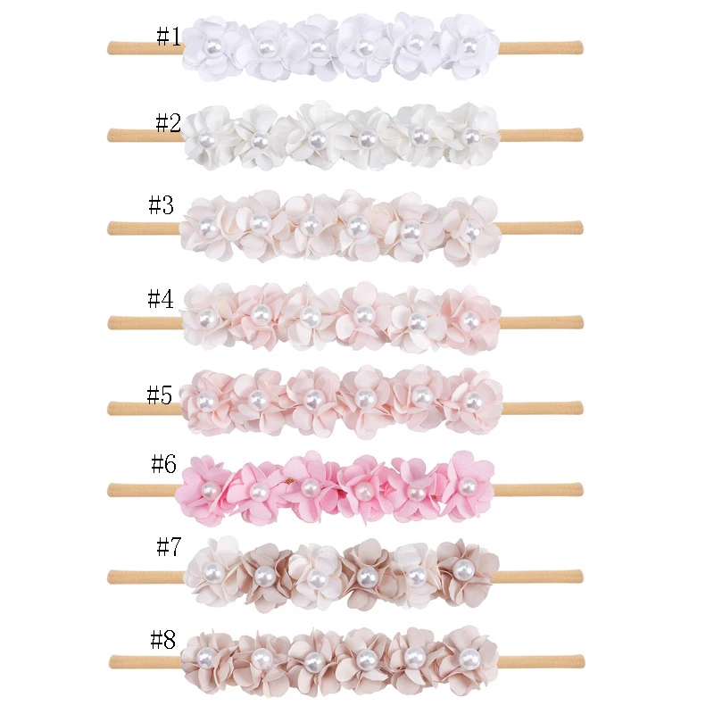 24pc/lot Cute Pearl Flower Headband Baby Girls Rhinestone Flower Nylon Headband Kids Beaded Floral Headbands Hair Accessories