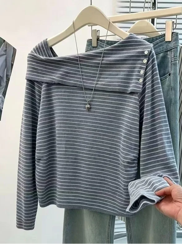 Women's Knitted One-Shoulder Button-Up Long Sleeve Base Layer Shirt Soft Stripe Design Korean Style Top Simple Autumn Wear
