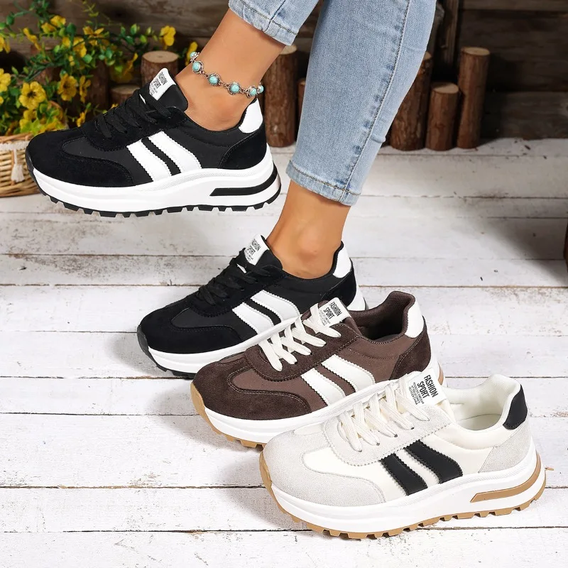 Moda nova rendas até tênis femininos casuais dedo do pé redondo sola grossa mocassins sapatos de conforto de sola macia para mulher tênis feminino