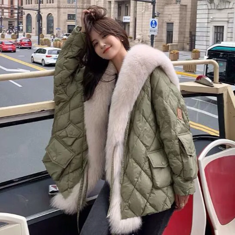 2025 inverno macio quente solto jaqueta puffer parka feminino à prova de vento neve outwear casacos de luxo gola de pele de raposa casacos longos