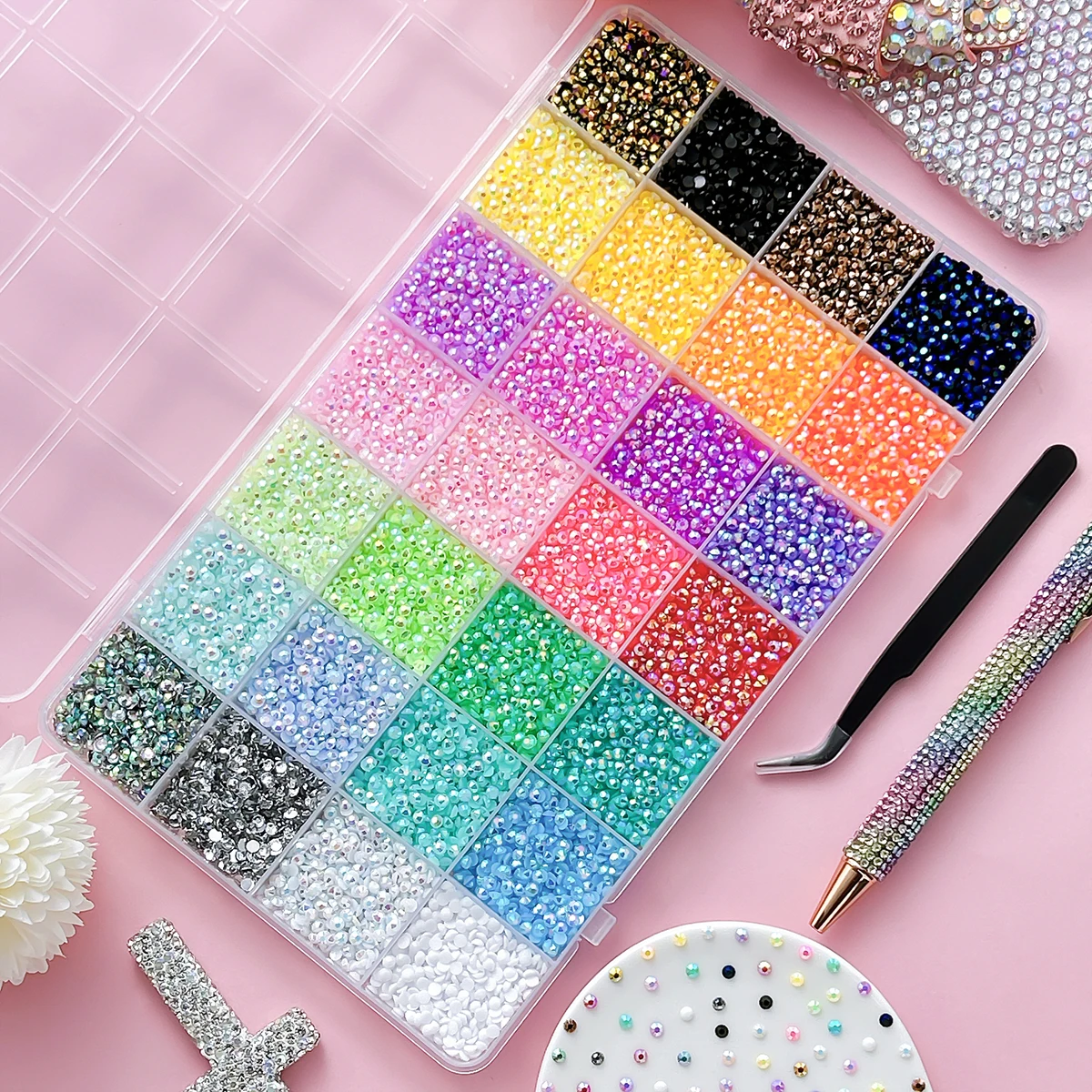 1Box Dopamine Colored 3mm Mini Flatback Shinny Nail Rhinestones 28-Colors Semi-circular AB Resin Nail Rhinestones Charms for DIY