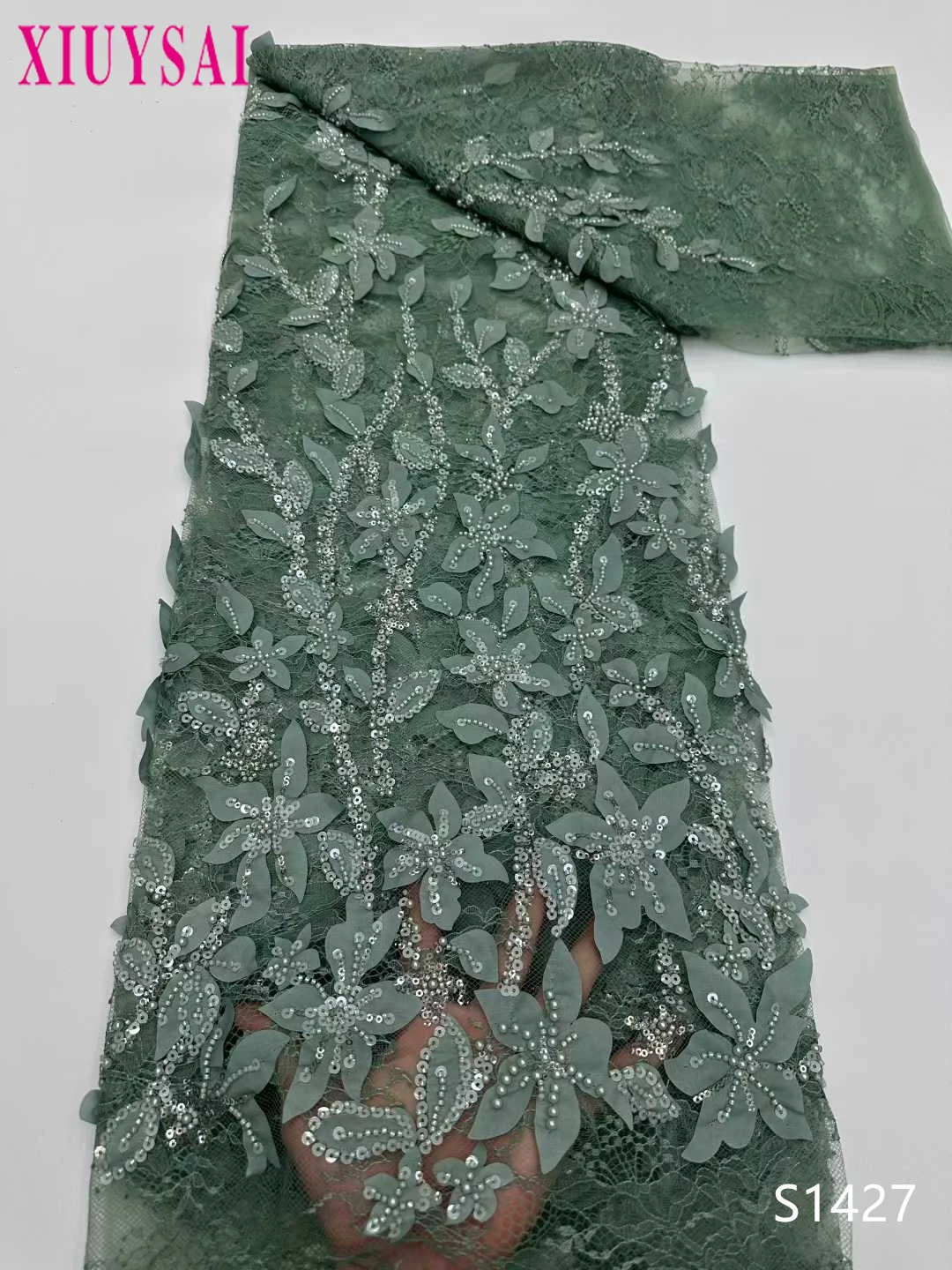 

Luxury French Mesh Beaded Lace Fabric with African Sequins High-Quality Groom Lace for Nigerian Wedding Dress Sewing