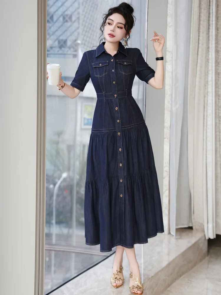 Vestido Jeans Feminino TIYIHAILEY 100% Algodão Longo até a Panturrilha com Botões, Gola Dobrável e Manga Curta para o Verão, Tamanhos M-4XL 2026