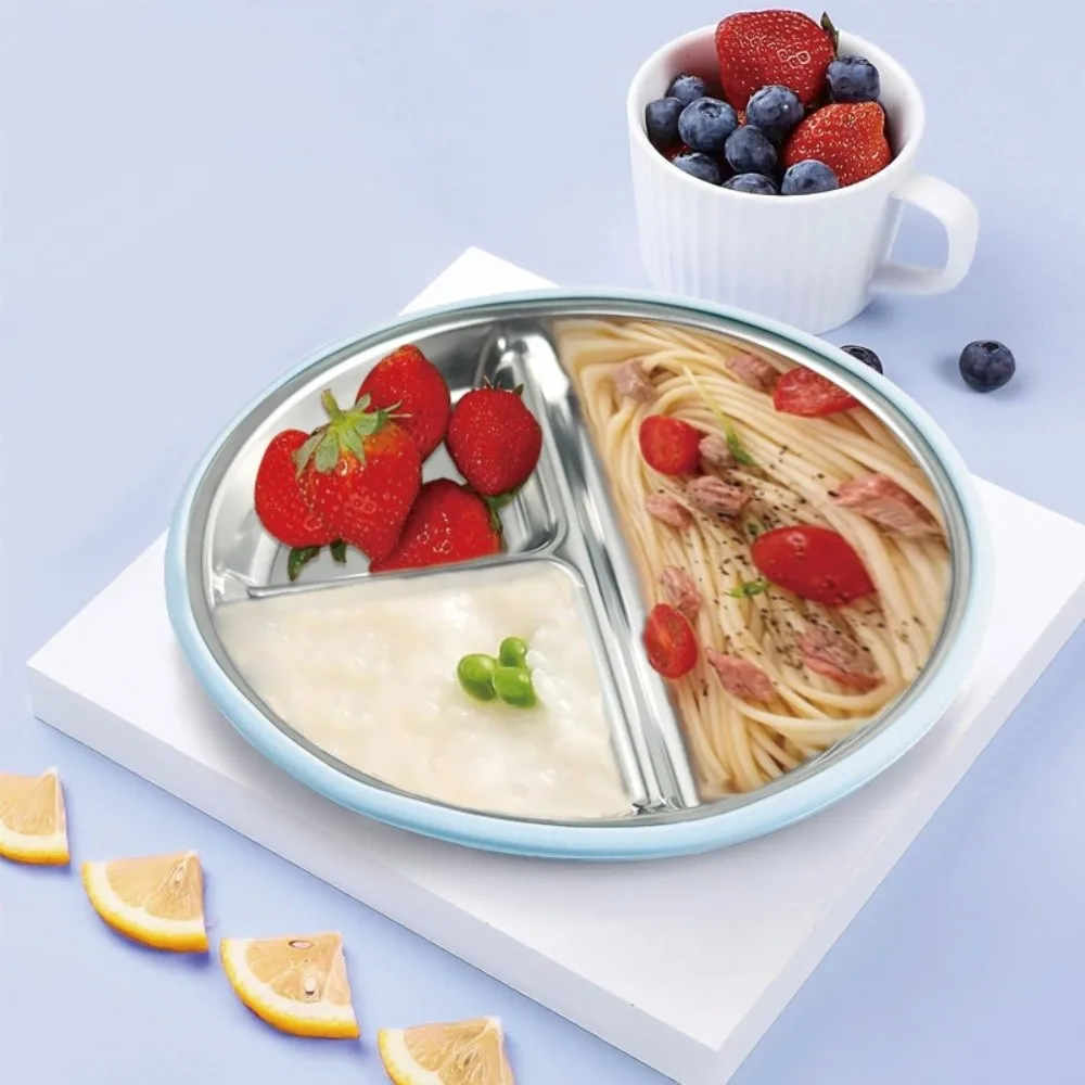 

Divided Design Suction Cup Kids Plates 304 Stainless Steel Silicone Shell Baby Sucker Dining Plate Safe Material Non-Slip