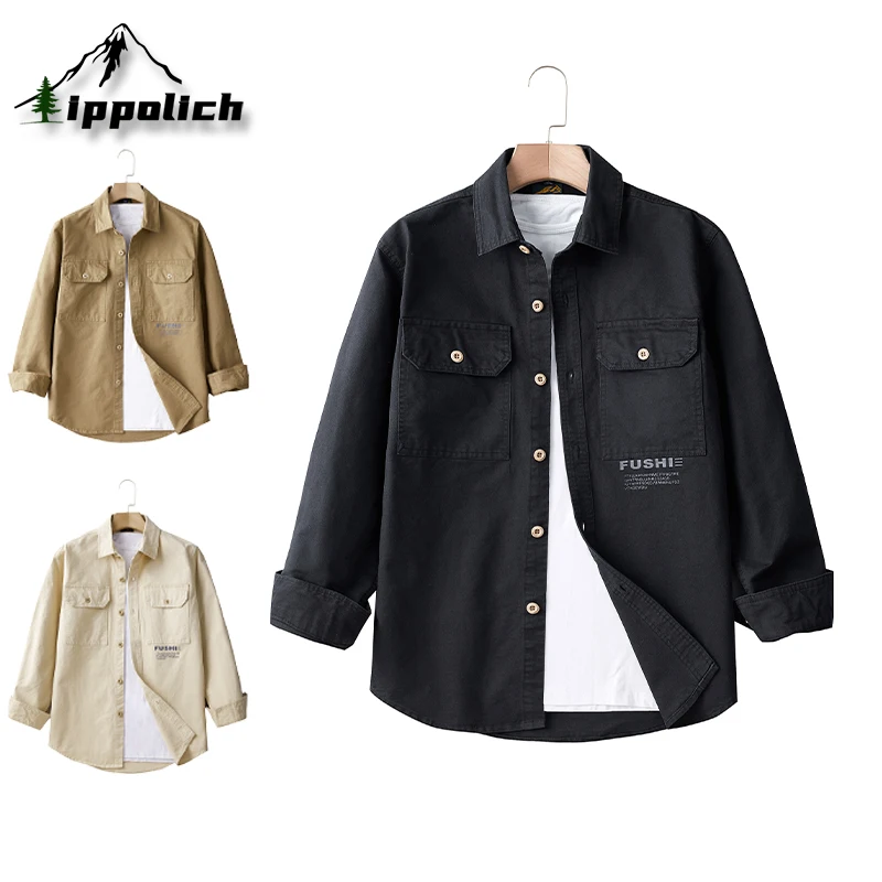 IPPOLICH Spring Autumn Men's Long Sleeve Works Shirt Casual Cotton Tooling Multi-pocket Shirt Outdoor Street Solid Color Shirt