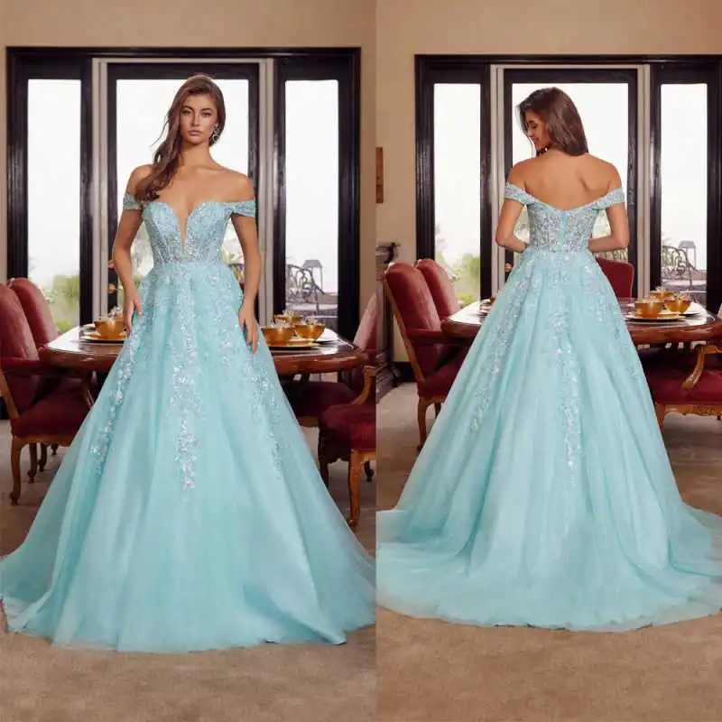 Dreamy Evening Dresses Off Shoulder Deep V Neck Sparkling Beaded Lace Voluminous Tulle Ball Gown Skirt Gala Birthday Celebration