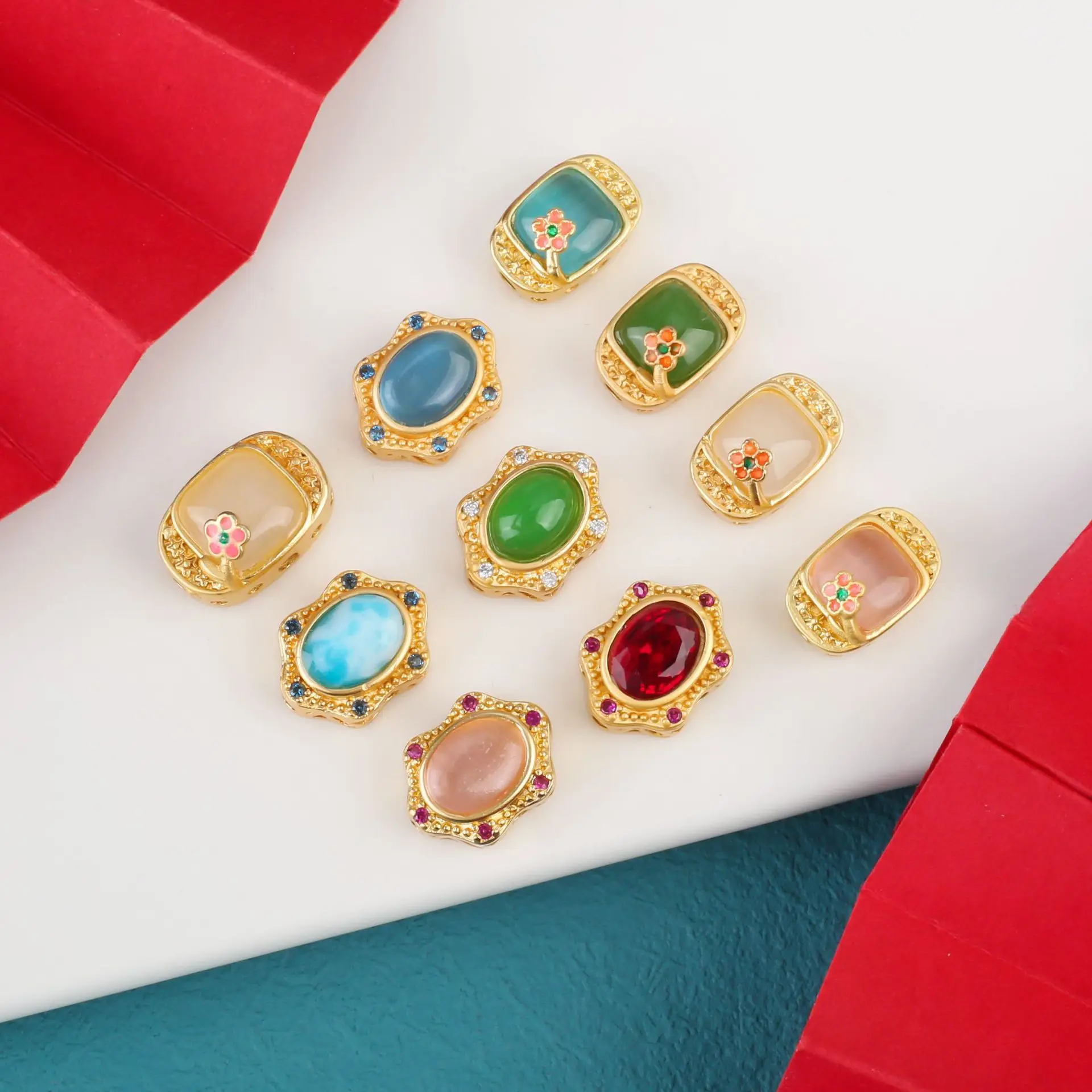 7pc Copper Plating Hollow Multi-pass Ring Inlaid Cat's Eye Stone Spacer Beads Diy Bracelet Necklace Jewelry Accessorie Wholesale