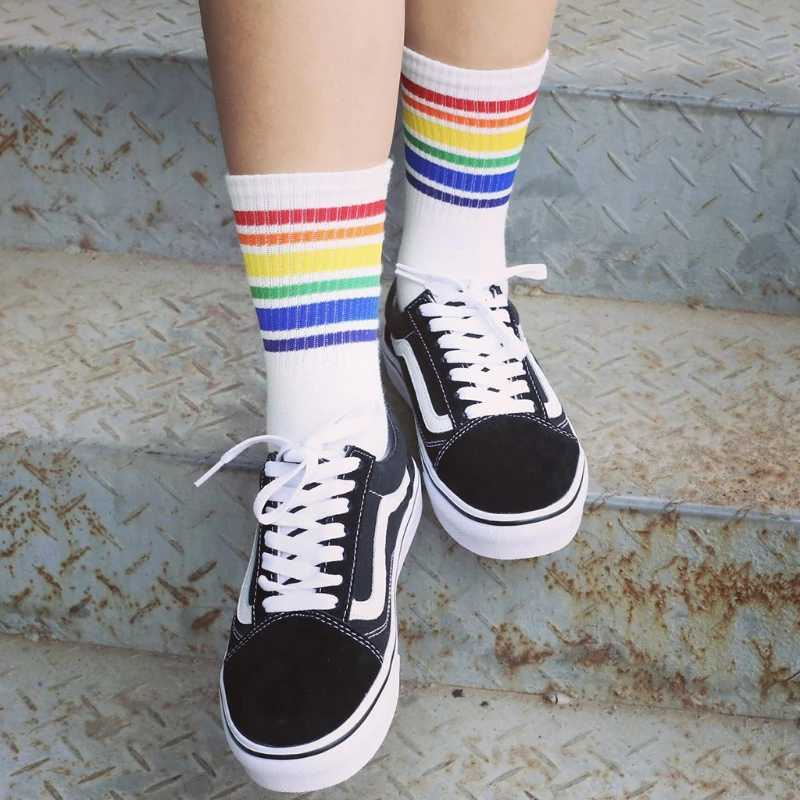 

Harajuku Rainbow Striped Stockings Cool Skateborad Long Socks Ankle Socks Female