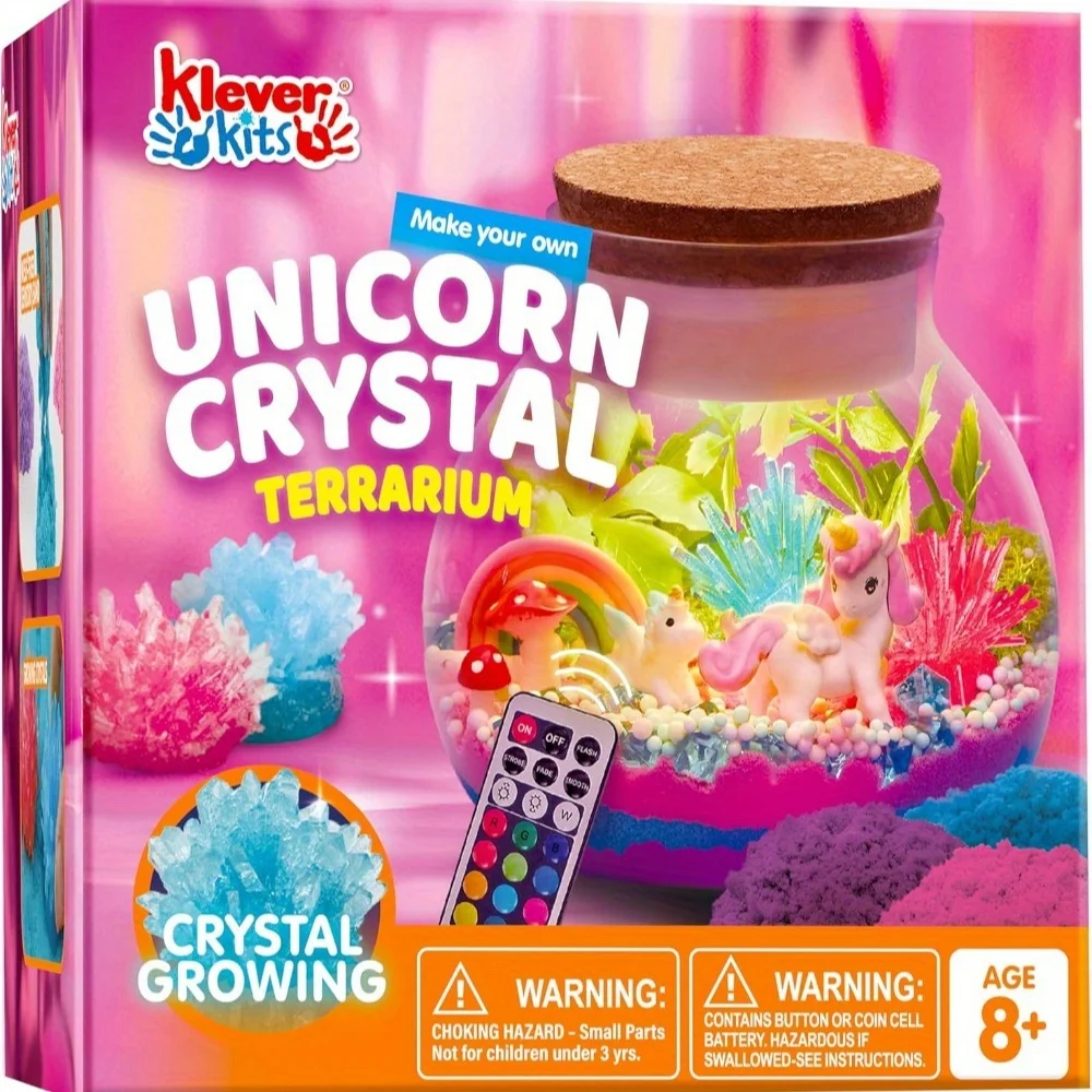 JOYFY Einhorn-Kristall-Terrarium-Bastelset für Kinder, Crystal Growing Science, 12-farbiges LED-Nachtlicht, Einhorn-Geburtstagsgeschenke