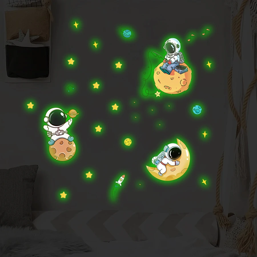 Glow-in-the-Dark Astronaut Wall Stickers With Stars - Space Theme Kids Room Decor Self-Adhesive Decals For Bedroom Game Room