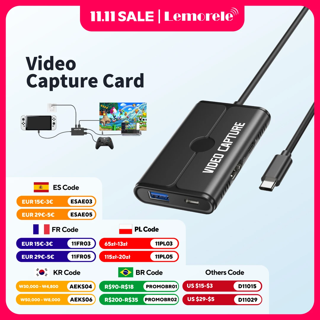 

Карта видеозахвата Lemorele с видеорегистратором PD Type-C на HDMI/USB 100 Вт для записи игр, прямая трансляция, захват USB 3.0