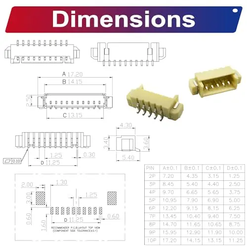 PicoBlade Adaptateur d'en-tête SMT 1.25mm MX1.25 2/3/4/5/6/7/8/9/10/12P Type latéral d'en-tête SMT Type d'en-tête à angle droit (MX1.25-SMT-R/A)