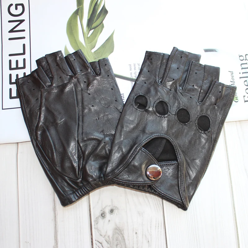 Guantes de cuero de cabra de medio dedo para hombre, cuero negro, hueco, transpirable, hebilla delgada, equitación, deportes al aire libre, guantes