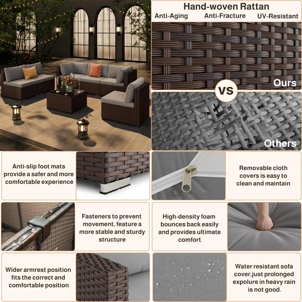 

Outdoor Patio Sectional Sofa Set with 7 Pieces, Water-Resistant Cushions, and Coffee Table, PE Rattan Wicker