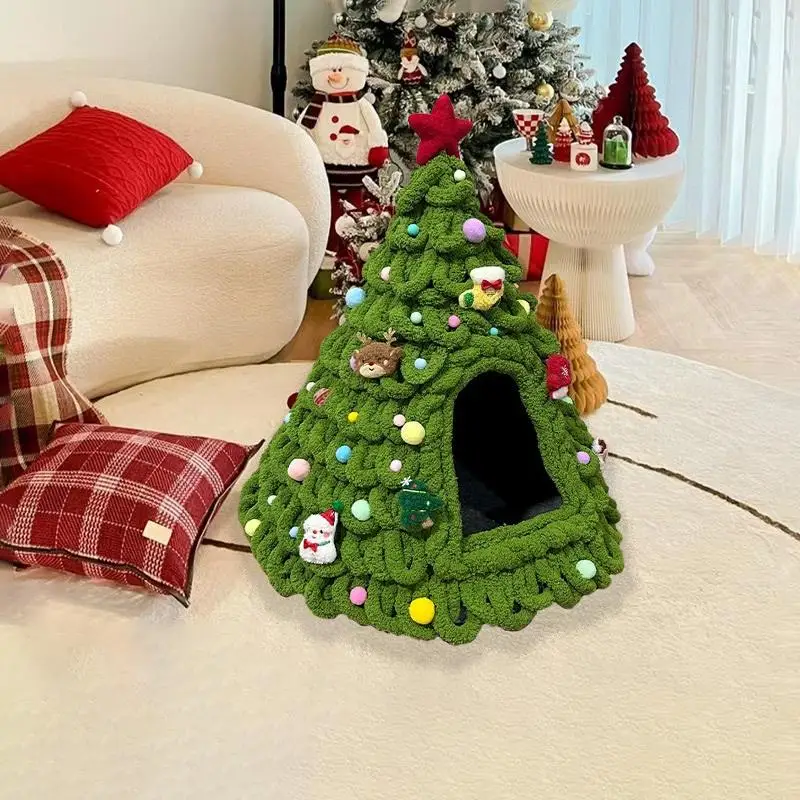 Winter Christmas Tree Cat Nest Handmade Diy Material Winter Warm Semi-enclosed Dog House Felt Cone Pet House