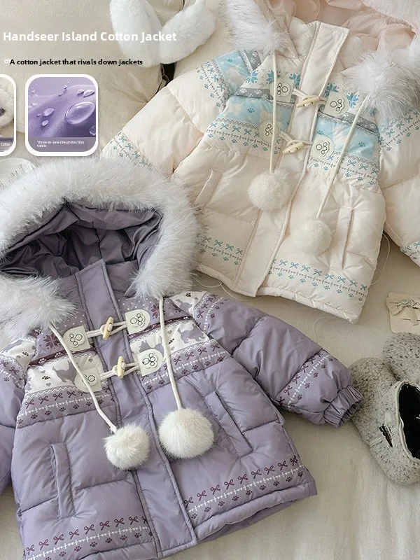 

Хлопковое тюлевое пальто Thiened для девочек, зимнее модное теплое пальто с большим меховым воротником, детское корейское пальто в горошек